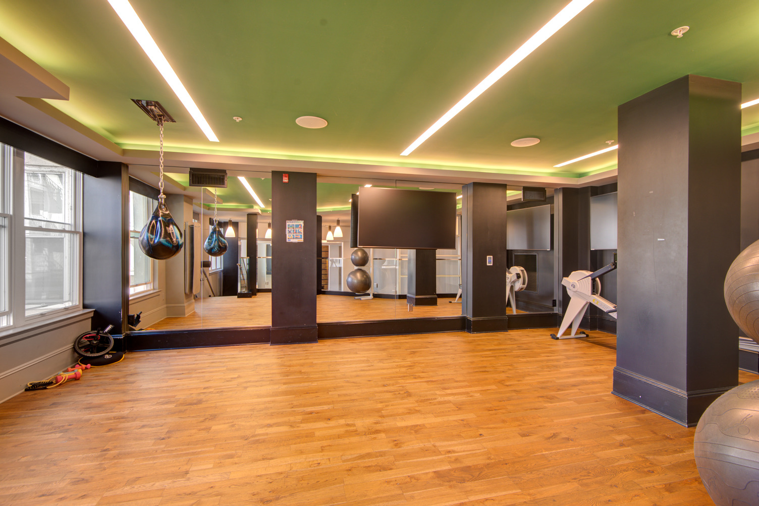 Fitness center with yoga and spin area