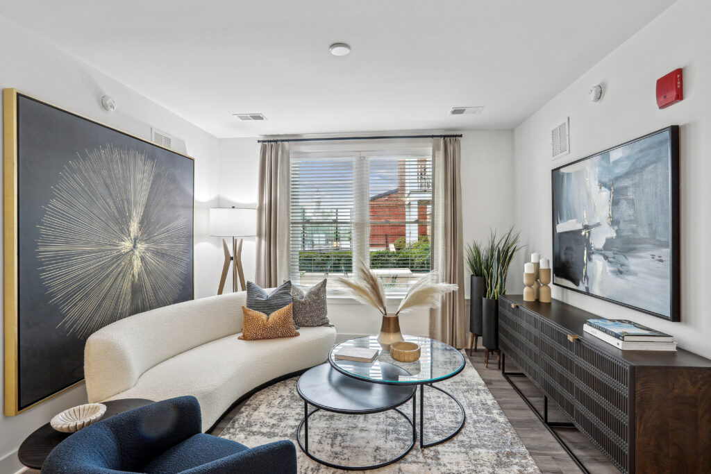 Open concept living room with large window